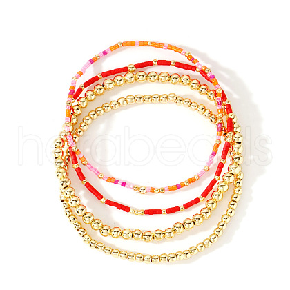 4Pcs 4 Styles Glass Seed Cylinder Beads Stretch Bracelet & Brass Round Beads Stretch Bracelet Set BP7471-2-1