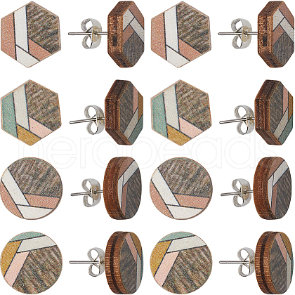 SUNNYCLUE 4 Pairs 2 Style Natural Wood Geometry Boho Stud Earrings with Steel Iron Pins EJEW-SC0001-48-1