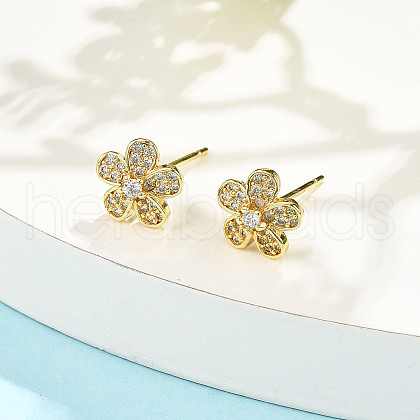 Flower Brass Micro Pave Clear Cubic Zirconia Stud Earrings EJEW-H162-03G-1