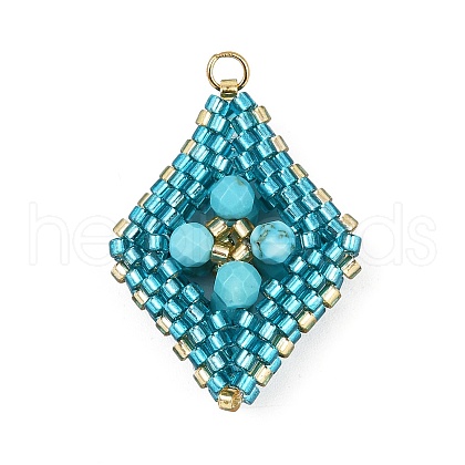 Faceted Round Synthetic Turquoise & Handmade Glass Seed Beaded  Pendants PALLOY-MZ00757-02-1
