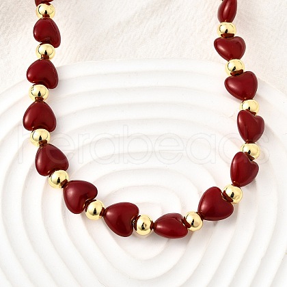 Brass & ABS Imitation Pearl Heart and Round Beaded Necklaces for Women NJEW-D314-11C-G-1