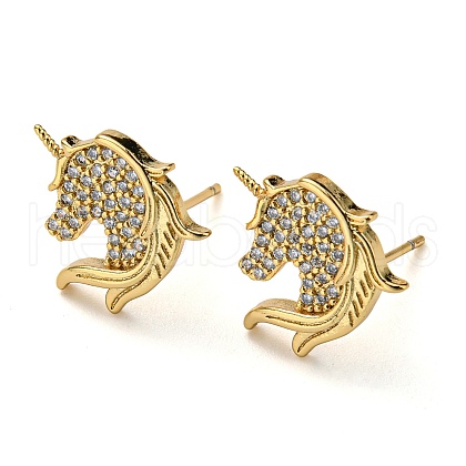 Rack Plating Brass Unicorn Stud Earrings with Cubic Zirconia EJEW-D063-13G-1