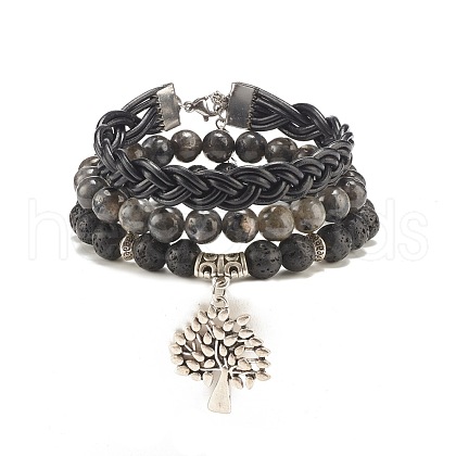 3Pcs 3 Style Natural Larvikite & Lava Rock Beaded Stretch Bracelets Set with Alloy Tree of Life BJEW-JB07887-1