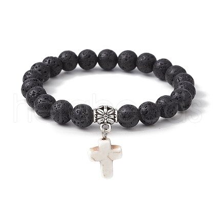 Natural Lava Rock Round Beaded Stretch Bracelet BJEW-JB09744-02-1