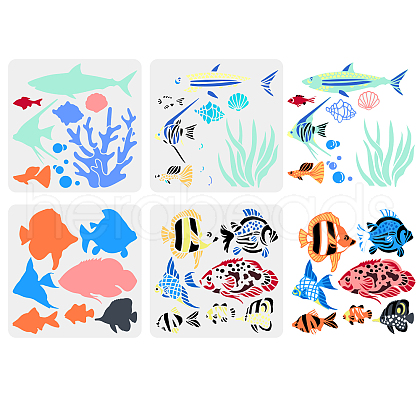 4Pcs 4 Styles Sea Animals Theme PET Hollow Out Drawing Painting Stencils DIY-WH0394-0018-1