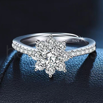 Rhodium Plated 925 Sterling Silver Flower Pave 6.5x3.9mm Moissanite Adjustable Rings for Women WG9AA84-02-1