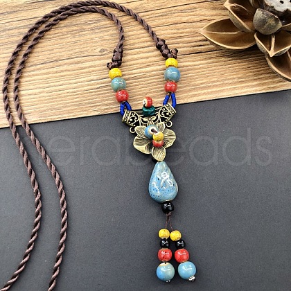 Ethnic Style Flower Alloy & Porcelain Tassel Pendant Long Necklaces for Women FS-WGC9E4C-01-1