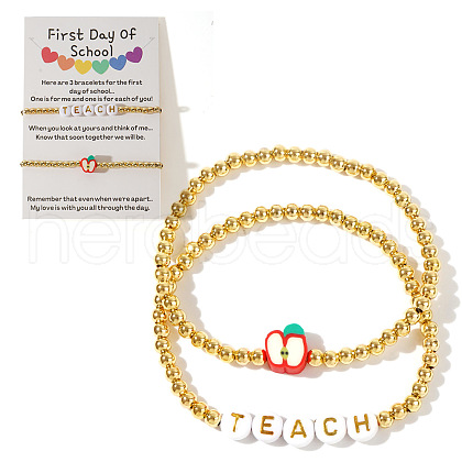 2Pcs 2 Styles Back-to-School Theme Brass Round Beads Stretch Bracelets EL1686-3-1