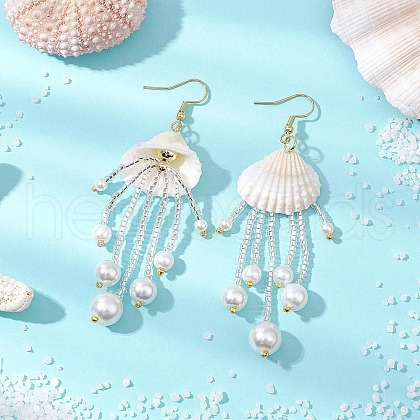 Glass & Natural Shell & Non-magnetic Synthetic Hematite Dangle Earrings EJEW-MZ00383-01-1