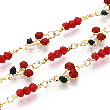 Brass Enamel Cherry Link Chains KK-T074-75G-1