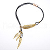 Feather Alloy Crystal Rhinestone Pendant Multi-Strand Black Wax Cord Lariat Necklaces for Women FS-WGEEE72-01-2