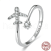 Airplane & Flower Rhodium Plated 925 Sterling Silver Micro Pave Clear Cubic Zirconia Cuff Rings for Women FS-WGB9FE4-02-2