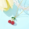 Brass Resin Fruit Cherry Pendant Satellite Chain Necklaces with Green Cubic Zirconia Leaf for Women NJEW-D306-03G-4