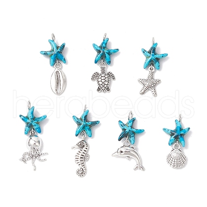 7Pcs 7 Styles Dyed Synthetic Turquoise Starfish & Alloy Sea Animals Pendants PALLOY-JF03754-04-1