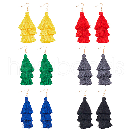 ANATTASOUL 6 Pairs 6 Colors Bohemian Polyester Long Tassel Dangle Earrings with Iron Pins for Women EJEW-AN0003-97-1