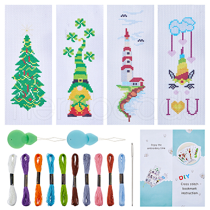 Gorgecraft 4 Sets 4 Styles Lighthouse/Gnome/Christmas Tree DIY Bookmark Cross-Stitch Beginner Kit DIY-GF0009-24-1