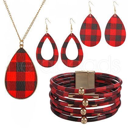 Tartan Pattern Imitation Leather Teardrop Pendant Necklace & Dangle Earrings & Multi-Strand Bracelet JX529B-1