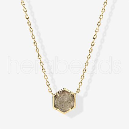 Brass Pave Natural Gray Quartz Hexagon Pendant Necklaces for Women FS-WG13B5A-04-1