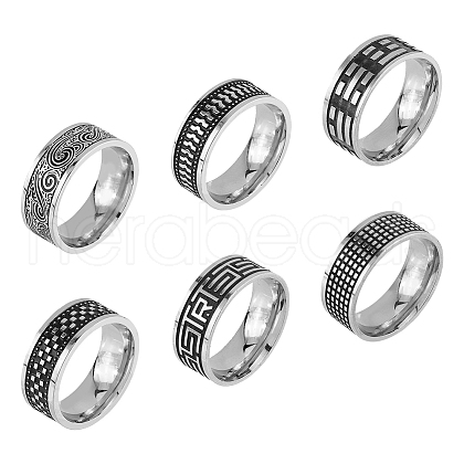 FIBLOOM 6Pcs 6 Style Retro Stainless Steel Finger Rings Set RJEW-FI0001-15-1