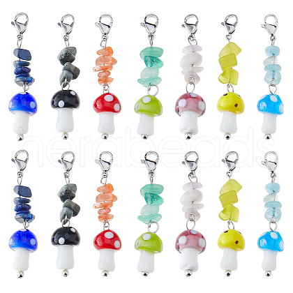 14Pcs 7 Colors Mushroom Handmade Lampwork Pendant Decorations HJEW-FH00070-1