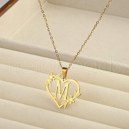 201 Stainless Steel Flower Heart Initial Pendant Necklaces for Women FS-WG08285-06-1