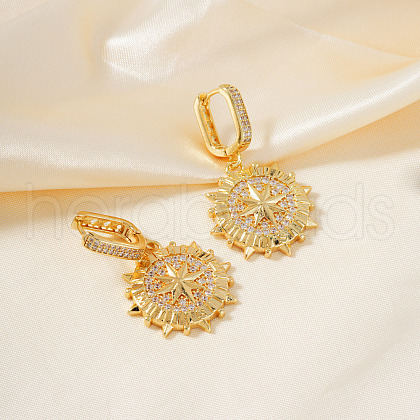 Brass Clear Cubic Zirconia Flat Round with Star Hoop Earrings JU6465-1-1