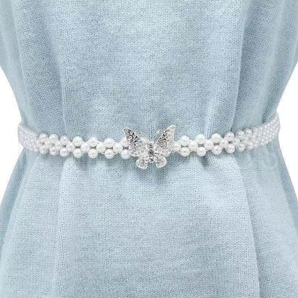 White Acrylic Imitiaotn Pearl Beaded Elastic Chain Belts with Alloy Buckles WGEAB88-01-1
