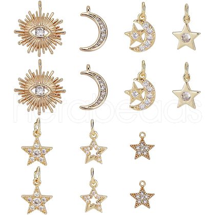 SUPERFINDINGS 14Pcs 7 Style Brass Micro Pave Cubic Zirconia Charms ZIRC-FH0001-10-1