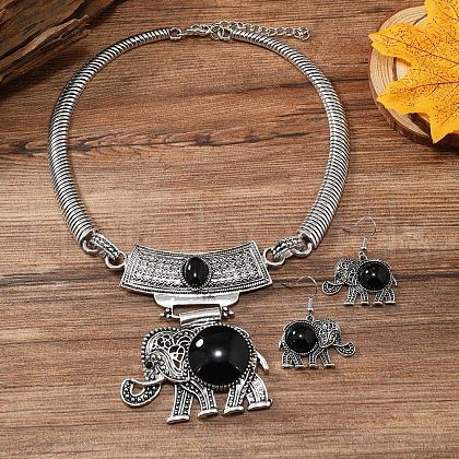Elephant Alloy Resin Pendant Necklaces & Dangle Earrings Sets FS-WG854C5-01-1