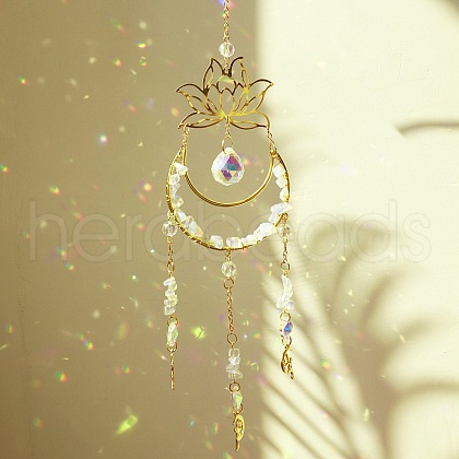 Wire Wrapped Natural Quartz Crystal Chips & Metal Moon/Lotus Pendant Decorations PW-WG90892-01-1