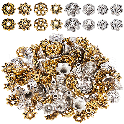 SOFPLATE 240Pcs 8 Styles Tibetan Style Alloy Flower Bead Caps FIND-SP0001-63-1