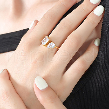 Rectangle & Teardrop 304 Stainless Steel Pave Cubic Zirconia Cuff Rings for Women FS-WG02DF6-01-1