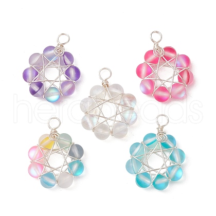 Frosted Dyed Synthetic Moonstone Round Beaded Pendants PALLOY-JF03469-1