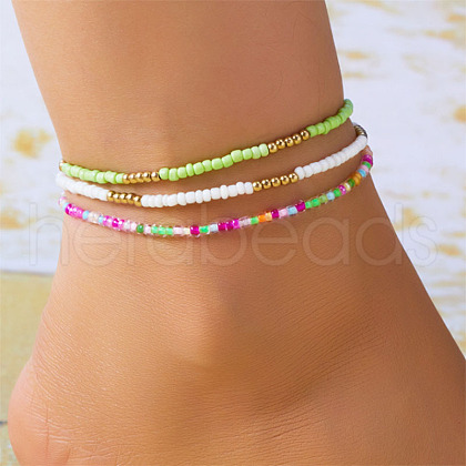 3Pcs Bohemian Style Glass Seed Rondelle Beaded Stretch Anklets for Women WG3334E-06-1
