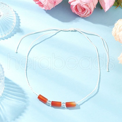 Adjustable Natural Carnelian Column & Synthetic Quartz Crystal Round Beaded Braided Necklaces NJEW-JN05321-1