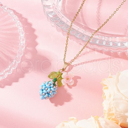 Glass Seed Beaded & Imitation Pearl Flower Pendant 304 Stainless Steel Cable Chain Necklaces for Women NJEW-MZ00115-02-1