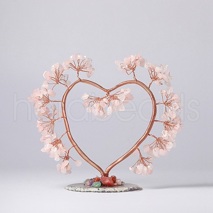 Natural Rose Quartz Chips Love Heart Tree Decorations DJEW-P017-B04-1