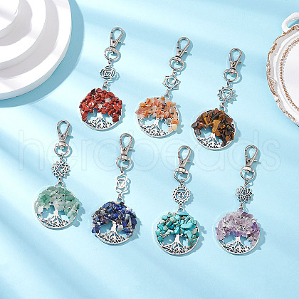 Chakra Natural & Synthetic Gemstone Chips Beads & Alloy Tree of Life Pendant Decorations HJEW-JM03128-1