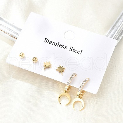 304 Stainless Steel Rhinestone Moon & Star & Round Earring Sets EJEW-Z098-22G-1