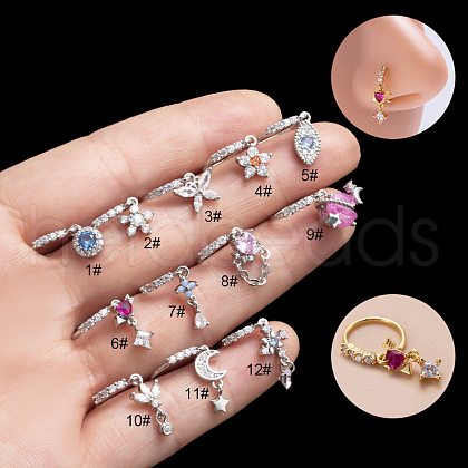 Brass Micro Pave Cubic Zirconia Dangle Hoop Nose Rings WGB81FA-01-1