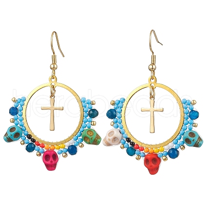 Glass Seed Beads & Synthetic Turquoise Boho Dangle Earrings EJEW-MZ00287-1