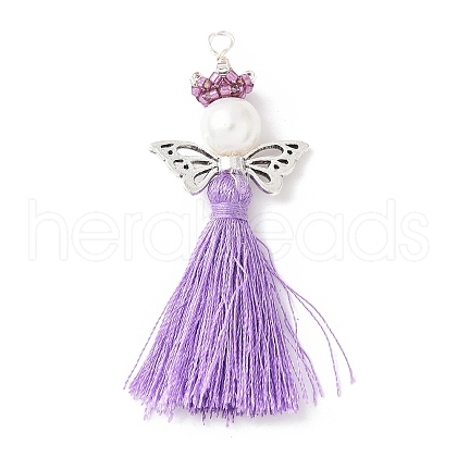 Glass Pearl Round Beaded with Polycotton Tassel Big Pendants PALLOY-MZ00612-01-1