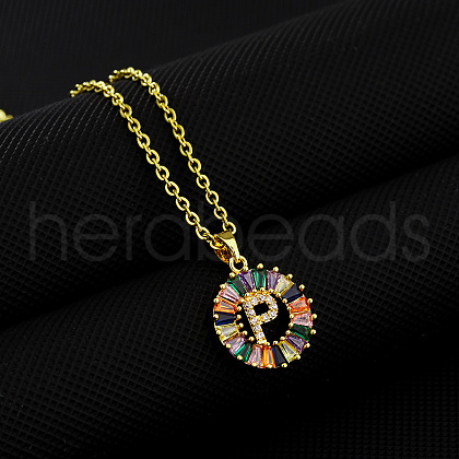 Brass Pave Colorful Cubic Zirconia Initial Ring Pendant Necklaces FS-WGF1437-16-1