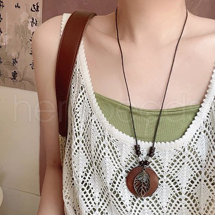 Alloy & Wood Disc Leaf Pendant Suede Cord Long Necklaces FS-WG1A008-02-1