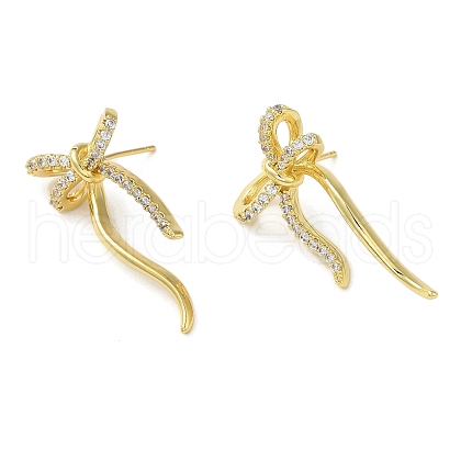 Bowknot Rack Plating Brass Micro Pave Cubic Zirconia Stud Earrings for Women EJEW-O001-02G-1