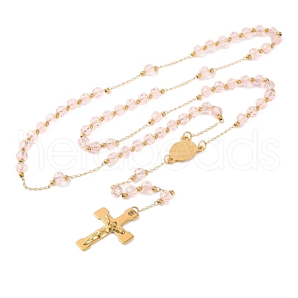 Ion Plating(IP) Crucifix Cross 304 Stainless Steel Rosary Bead Necklaces NJEW-M075-03G-02-1