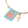 Glass Seed Heart & Brass Cross Charms Silder Bracelets BJEW-MZ00056-3