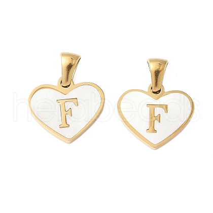 304 Stainless Steel Pave Natural White Shell Heart with Initial Slice Pendants STAS-R168-25G-F-1