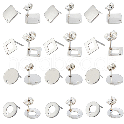 SUNNYCLUE 80Pcs 4 Styles Rhombus & Flat Round & Donut Stainless Steel Stud Earring Findings STAS-SC0006-59-1