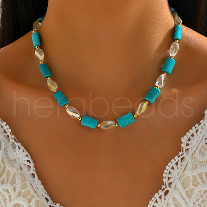 Bohemian Style Handmade Rectangle Synthetic Turquoise & Faceted Teardrop Glass Beaded Necklaces for Women's Date Gift TF2748-1